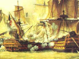 El Redoutable de 74 ca&ntilde;ones entre el Victory de 100 ca&ntilde;ones y el Temeraire de 98