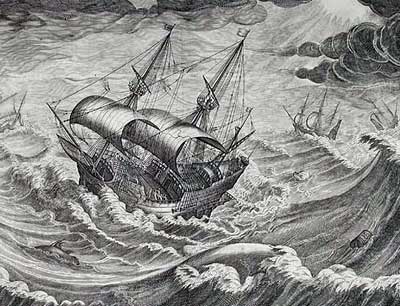 Galeones flamencos en plena tempestad. Aunque no es un grabado representando a la Gran Armada española si se puede hacer uno a la idea de lo frágiles que eran estas embarcaciones en aguas tan tormentosas. [TAB]