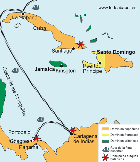 Plano general de la zona del Caribe donde podemos observar las principales zonas y poblaciones que trata este artículo
