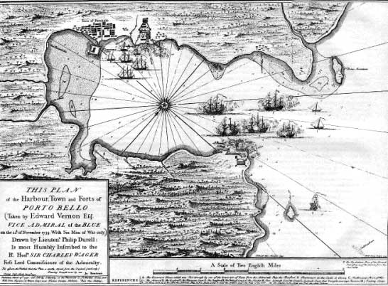 Croquis del plan de ataque a Portobelo realizado en 1740 por el teniente Philip Durrell, del “Burford”.

