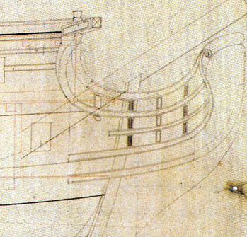 Fig.3.1-  Extracto plano navío HMS Norwich. Museo Marítimo de Londres.
Donde se aprecia que el calce del bauprés en la roda es bastante profundo.