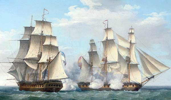 Fragata española Thetis combatiendo contra la Ethalion