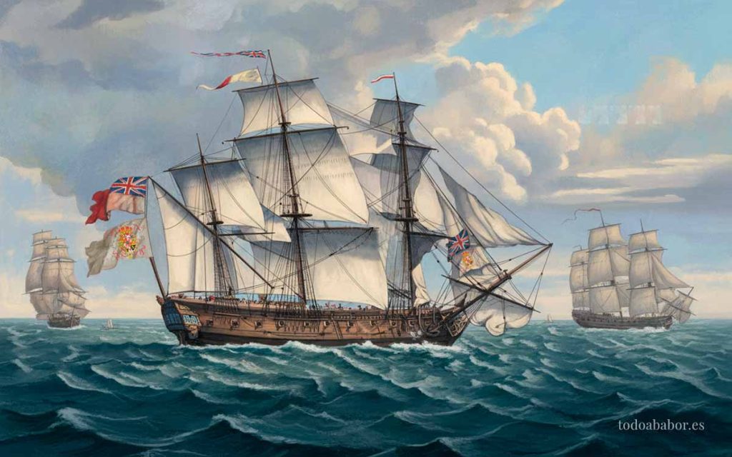 Pintura basada en el cuadro de Richard Wright: «Favourite» y «Active» apresando la «Hermione». Publicado según lo ordena la Ley Novr. 1. 1762. Versión de Todo a babor.