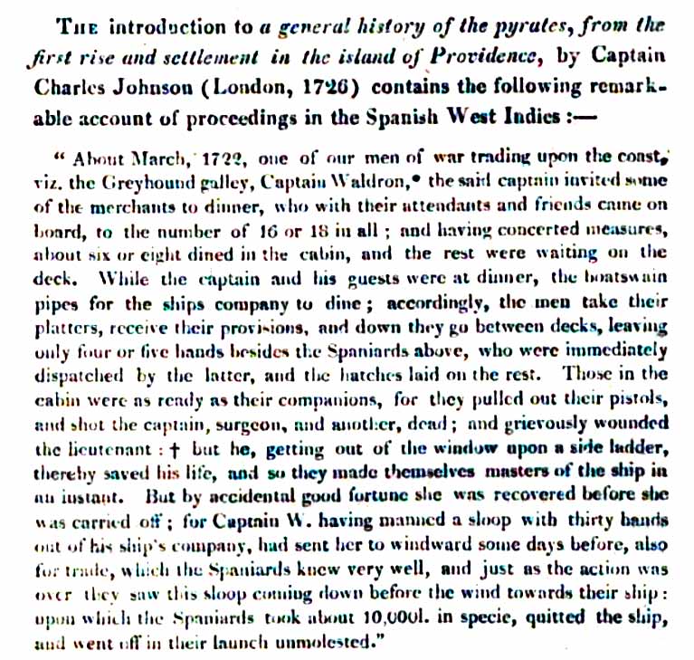 Texto sobre el apresamiento del HMS Greyhound en 1722 por parte de piratas españoles.