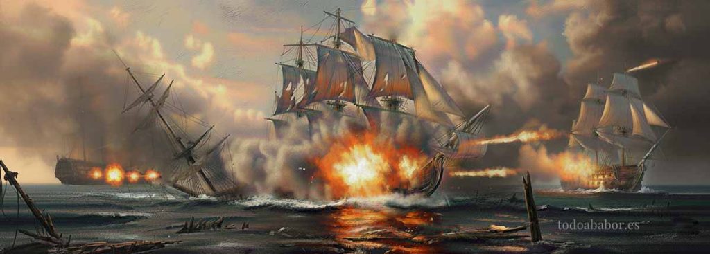 "El Dragón y el América batiendo al navío argelino Danzik". En el centro se encuentra el navío argelino, muy vapuleado por el Dragón que está a su babor, y el América, que le bate desde la popa. Pintura de Todo a babor.