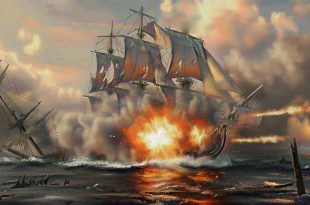 "El Dragón y el América batiendo al navío argelino Danzik". En el centro se encuentra el navío argelino, muy vapuleado por el Dragón que está a su babor, y el América, que le bate desde la popa. Pintura de Todo a babor.