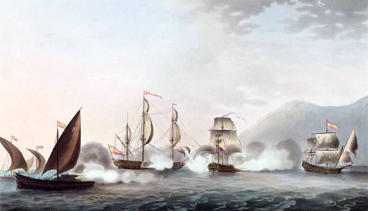 Una vista de un buque de almacenamiento de municiones de dieciocho cañones, comandado por el teniente Heighington, desde Lisboa con un cargamento de frutas para los enfermos de la guarnición de Gibraltar, el 20 de febrero de 1782