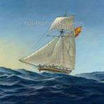 Pintura de una balandra de guerra Blandra de guerra de la Real Armada. Pintura de Carlos Parrilla