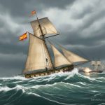 La balandra Flecha apresando al bergantín corsario británico Rodney (1780). Pintura de Todo a babor.