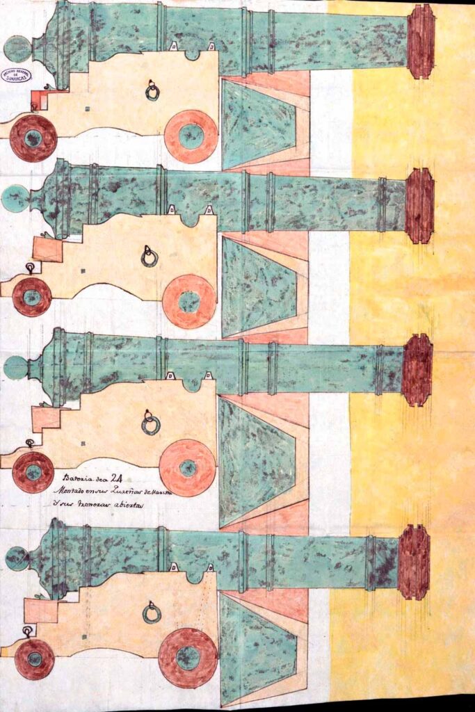 Batería de a 24, montado en sus Cureñas de Marina y sus troneras abiertas (1762)