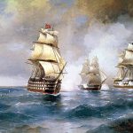 El bergantín Mercurio atacado por dos buques turcos. Pintura de Ivan Aivazovsky. Galería Nacional de Arte Aivazovski de Feodosia.