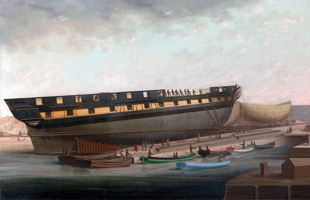 "Izando la fragata de Su Majestad 'Diana' en Blackburn's Yard, cerca de Plymouth". Pintura de John Rogers Herbert. Yale Center for British Art. Esta fragata británica era de las denominadas pesadas, al llevar una batería de 18 libras, al igual que la otra fragata británica que tomó parte del apresamiento de la corbeta Diligencia, la HMS Pique (anteriormente llamada HMS Aeolus). La superioridad de ambas embarcaciones era tan evidente que la corbeta española nunca tuvo opción.