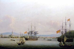 Buques de guerra españoles frente al puerto de Mahón. Pintura de John Thomas Serres
