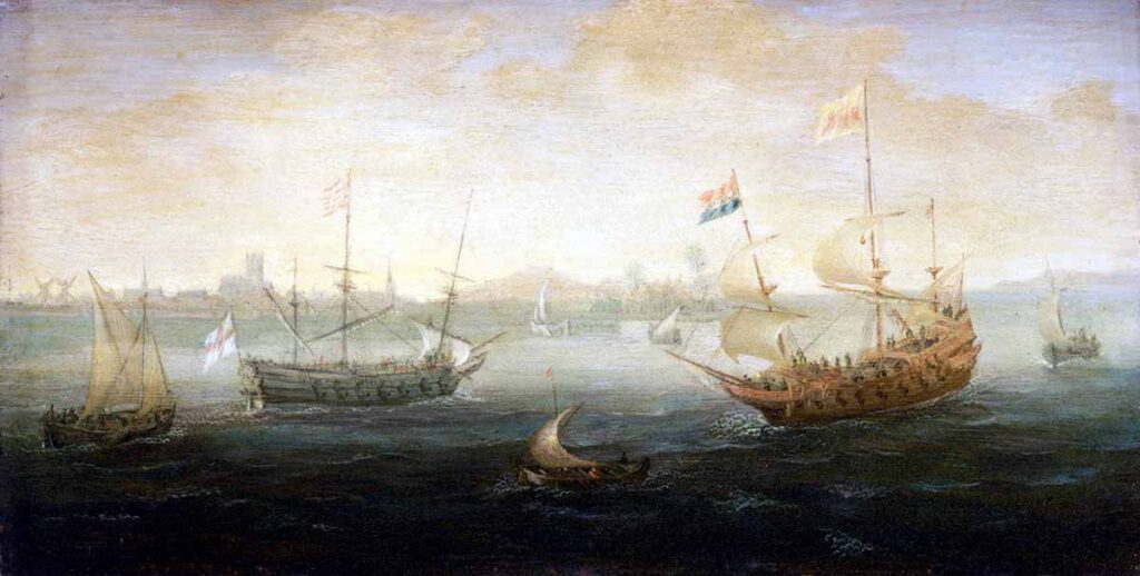 Navíos holandés e inglés. VERWER, Abraham de: A Dutch and an English Ship off a Harbour, ca. 1625. Óleo sobre cobre, 12,7 × 25,4 cm. National Maritime Museum, Greenwich, inventario BHC0732.
