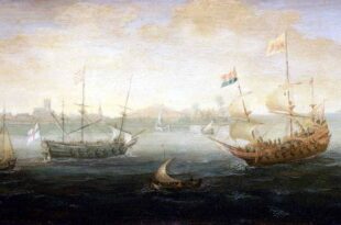 Navíos holandés e inglés. VERWER, Abraham de: A Dutch and an English Ship off a Harbour, ca. 1625. Óleo sobre cobre, 12,7 × 25,4 cm. National Maritime Museum, Greenwich, inventario BHC0732.