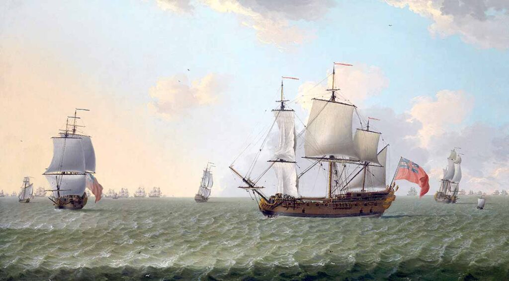"Un navío de la Compañía de las Indias Orientales en ceñida, con una flota siguiéndolo al fondo". Pintura de Francis Swaine. National Maritime Museum, Greenwich, London, Caird Collection. La mejor manera de viajar que tenían los mercantes para minimizar riesgos era hacerlo en convoy, tal y como hicieron las principales potencias de la época.