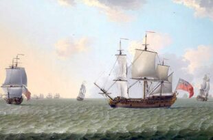 "Un navío de la Compañía de las Indias Orientales en ceñida, con una flota siguiéndolo al fondo". Pintura de Francis Swaine. National Maritime Museum, Greenwich, London, Caird Collection. La mejor manera de viajar que tenían los mercantes para minimizar riesgos era hacerlo en convoy, tal y como hicieron las principales potencias de la época.