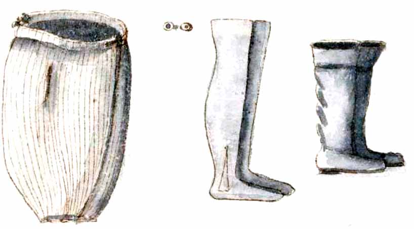 Calzones anchos de lienzo listado, botones, medias de color azul y botines.