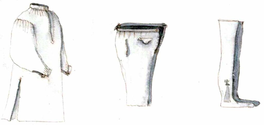 Izquierda: la camisa; centro: calzones azules; derecha: medias coloradas.