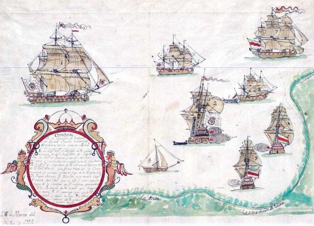 Plano contemporáneo del combate de la escuadra de Carlos Grillo contra cuatro buques contrabandistas holandeses en la costa de Barú el 16 de marzo de 1724. En aquellla ocasión se les apresó a los neerlandeses la fragata Adriana Catalina.