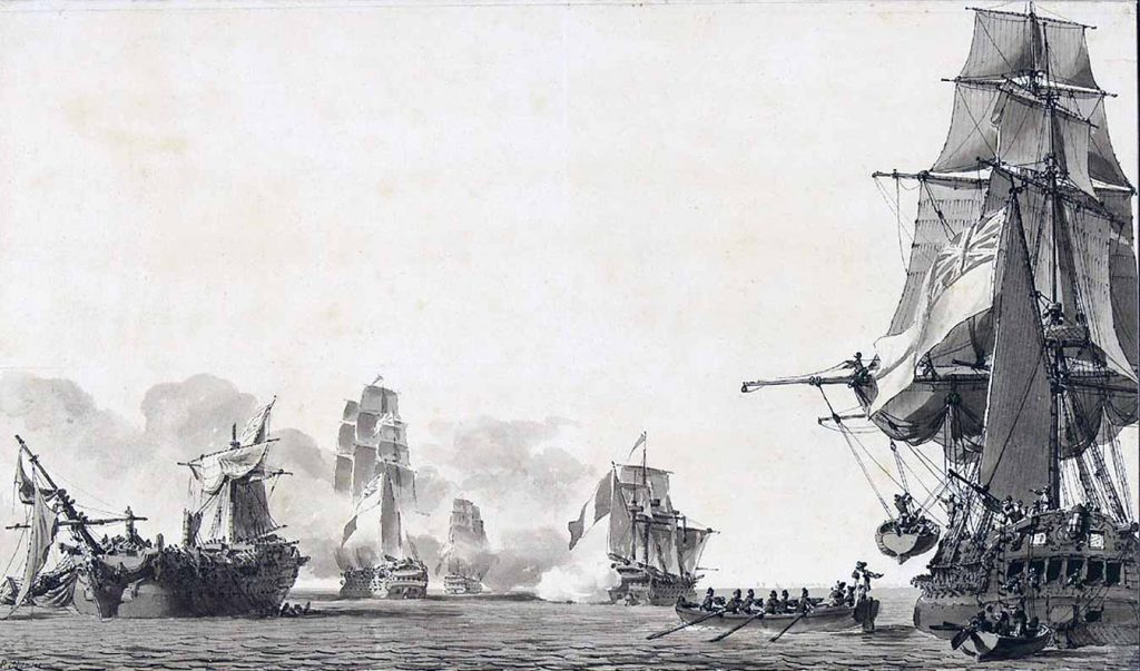 El desarbolado navío británico Venerable tras su enfrentamiento con el navío francés Formidable y otros buques de la escuadra combinada que escaparon a Cádiz