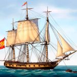 Corbeta española de finales del siglo XVIII. Imagen basada en un grabado de Agustín Berlinguero de la Marca Gallego del Museo Naval de Madrid. Ilustración de Todo a babor.