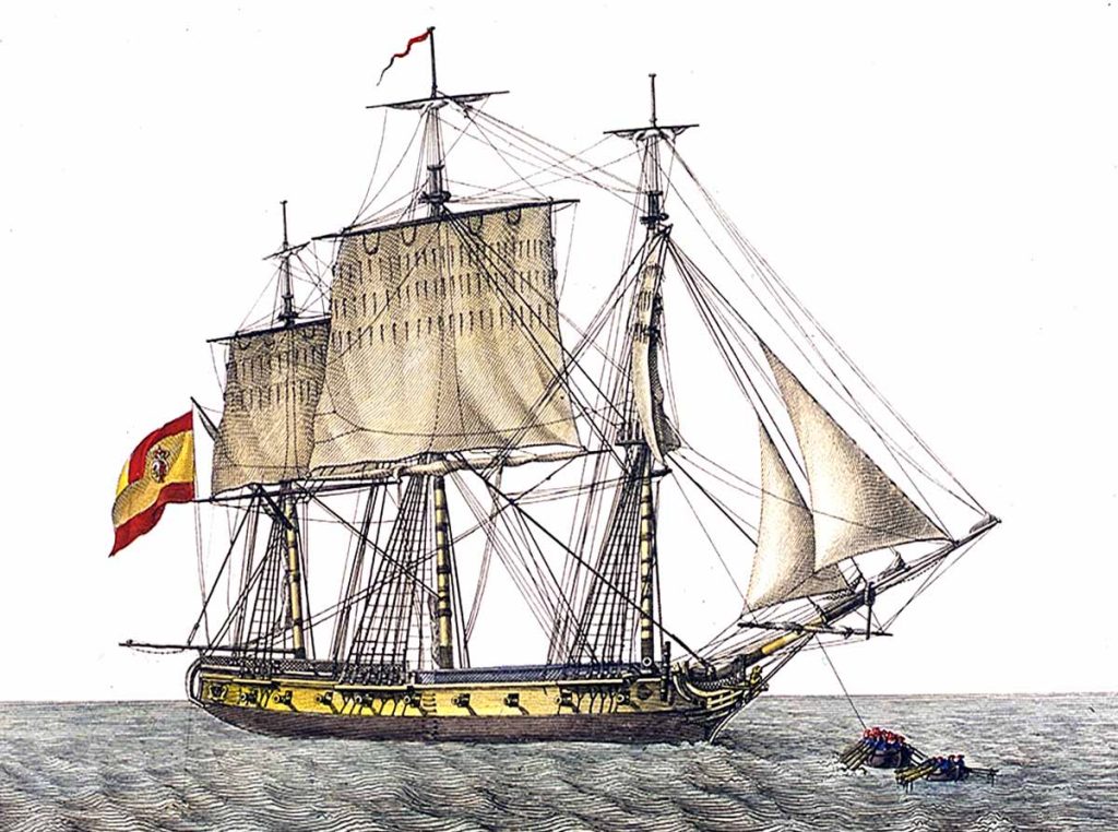 Corbeta española del porte de 24 cañones dando la vela ayudada por sus embarcaciones menores