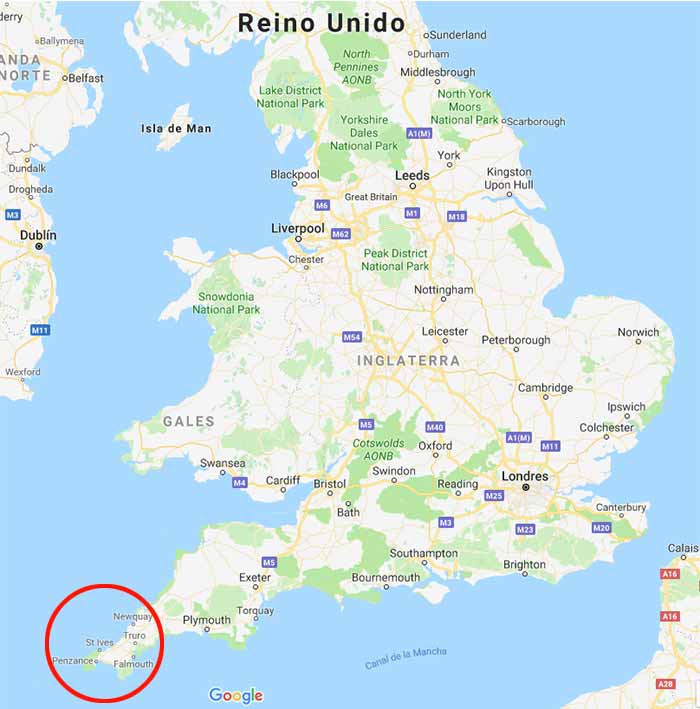 Mapa de Reino Unido con Cornualles