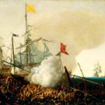Galeras corsarias berberiscas luchan contra galeones españoles