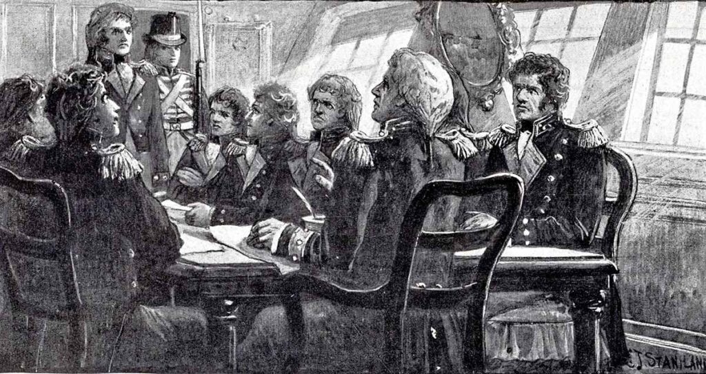 Corte marcial a bordo de un buque británico. Parecida escena sería el interrogatorio que tuvo el capitán MacDonald del buque británico detenido por los españoles.