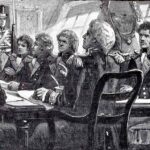 Corte marcial a bordo de un buque británico. Parecida escena sería el interrogatorio que tuvo el capitán MacDonald del buque británico detenido por los españoles.
