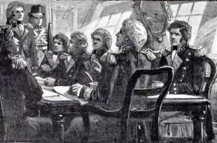 Corte marcial a bordo de un buque británico. Parecida escena sería el interrogatorio que tuvo el capitán MacDonald del buque británico detenido por los españoles.