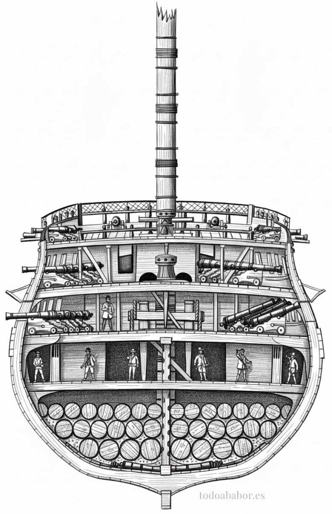 Cuaderna maestra del navío Montañés, copia del plano de el teniente de navío don Agustín Wauters y Horcasitas. Ilustración de Todo a babor.