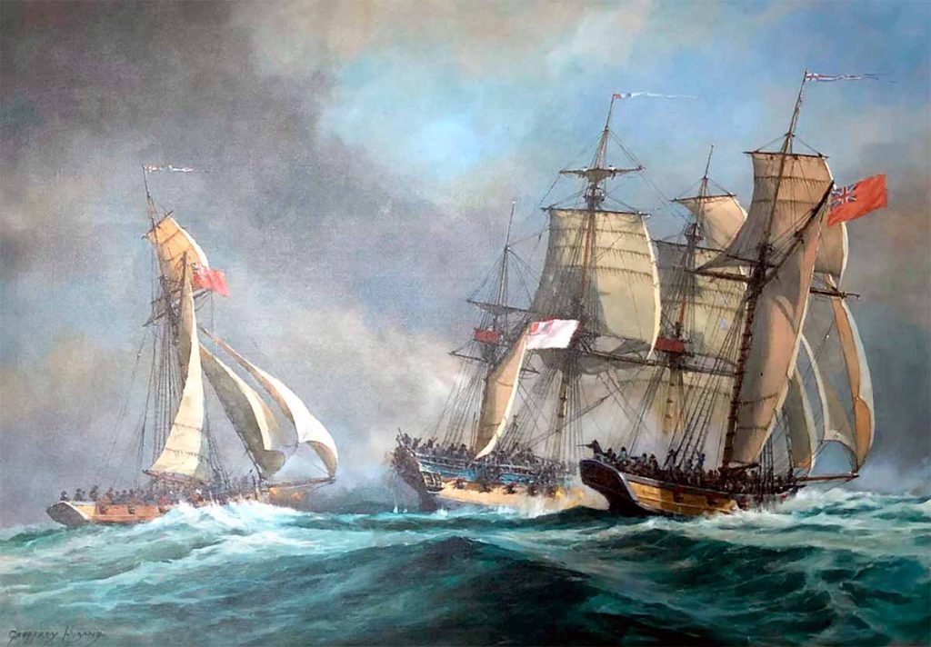 "Una corbeta francesa acosada por cúteres" por Geoffrey Huband. Si bien la Flecha fue en un principio una balandra debió actuar como en esta pintura, sobre todo en los apresamientos que hizo junto con otras balandra de la Armada y el bergantín Ardilla.