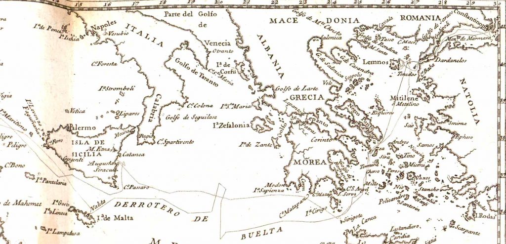 Carta plana desde Cartagena a Constantinopla con los derroteros de la escuadra española en 1784 y 85. Segunda parte. 