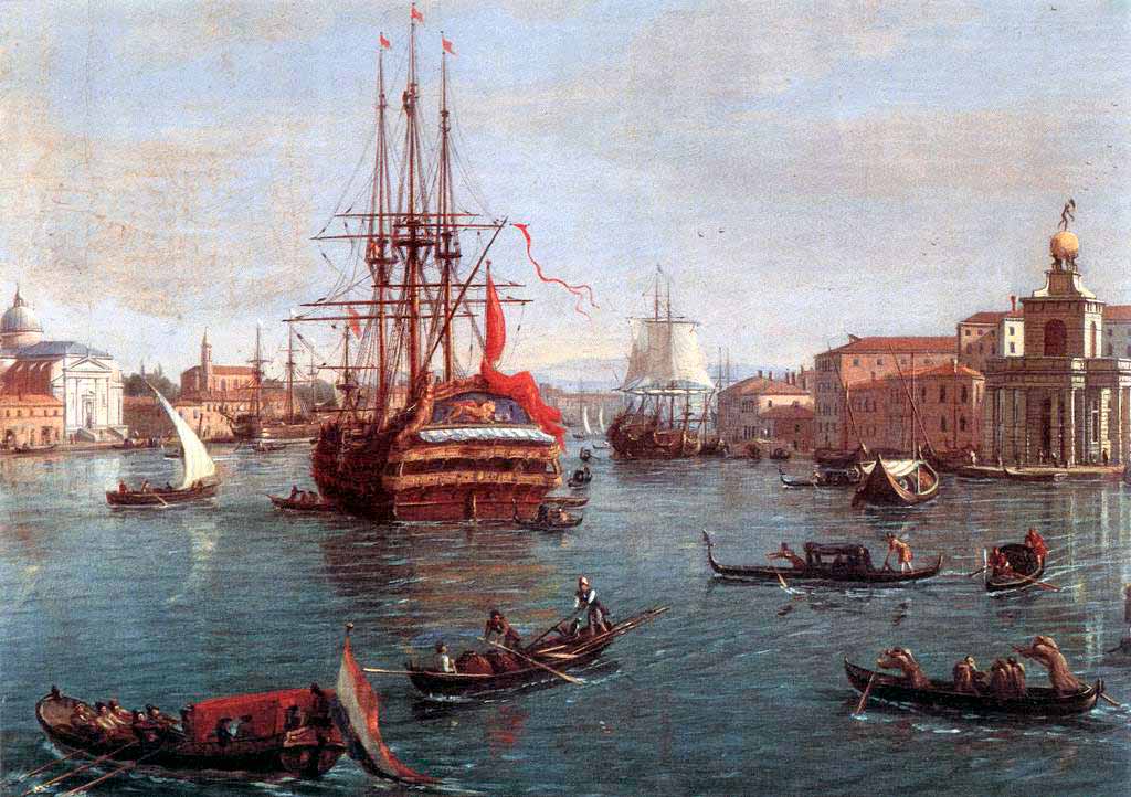 Detalle del cuadro "Bacino di San Marco", pintado por Gaspar van Wittel en 1710. Colección privada. Se puede apreciar un navío de línea veneciano de principios del siglo XVIII.