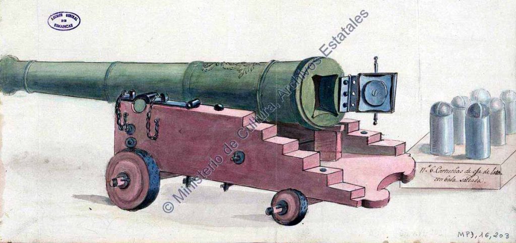 Este dibujo demuestra la invención de Lunardi para ahorrar gente y hacer un fuego más vivo con un Cañón de a 24... ... (1798)