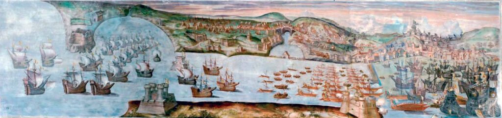 Entrada triunfal de la escuadra española en Lisboa. Fresco del Palacio del Viso del Marqués.