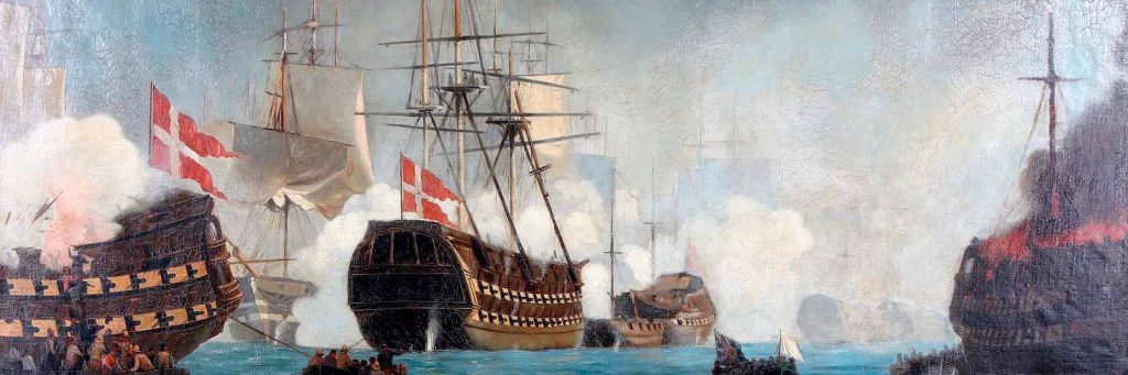 Escena de la batalla de Copenhague, 1801. La pintura muestra una situación en la batalla en la que el almirante Nelson envía un mensaje, el pequeño bote que lleva la Union Jack y una bandera blanca, al lado danés