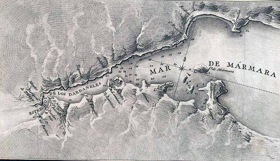 Plano del Estrecho de los Dardanelos y principio del mar de Mármara. Este estrecho era muy peligroso para los buques de gran calado, tal y como comprobó la escuadra española. Lo protegía un fuerte muy poderoso.