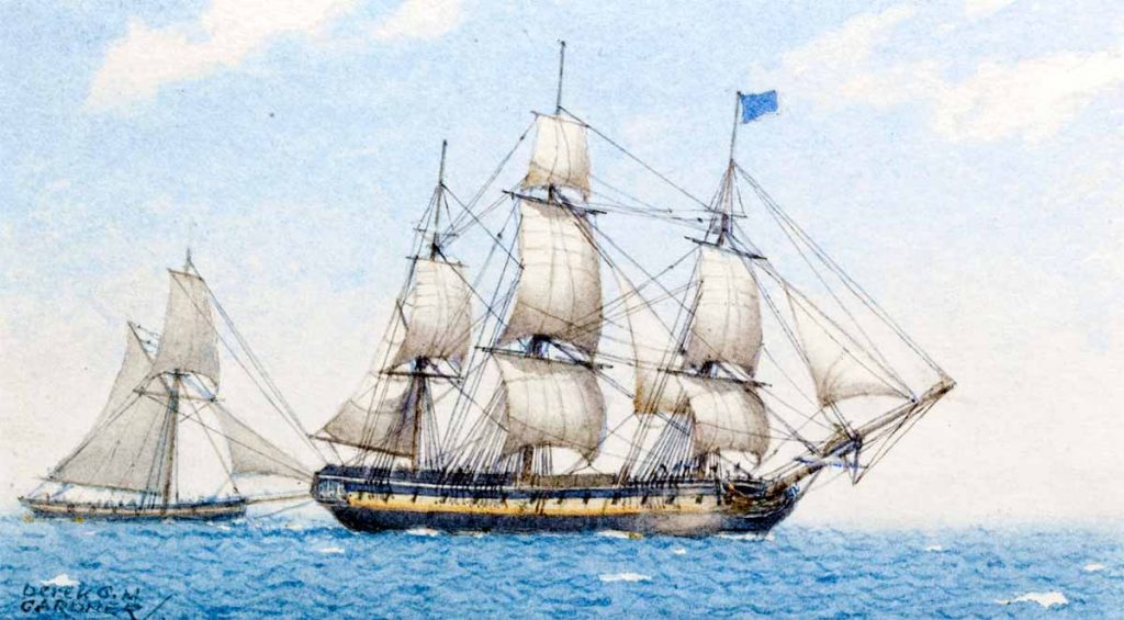 Fragata británica "Medusa", navegando junto a una balandra (cutter) en 1801.