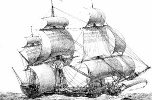 Fragata navegando a favor del viento vista desde el través . Grabado de Pierre Ozanne.