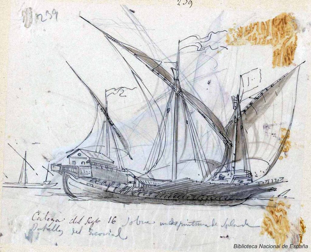 Galera del Siglo XVI. MONLEÓN Y TORRES, Rafael, [entre 1863 y 1900]. Dibujo. Biblioteca Nacional de España, BNE Digital, id. c347052b-9d96-45a9-9822-4a6195ce2ef9.
