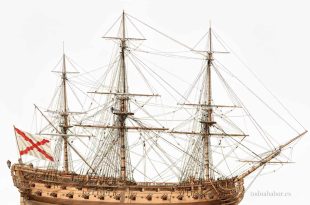 Recreación de una fragata española de 52 cañones, en base a la aparecida en una de las láminas del «Diccionario de Arquitectura Naval Antigua y Moderna», de Juan José Navarro de Viana y Búfalo. Ilustración de Todo a babor.