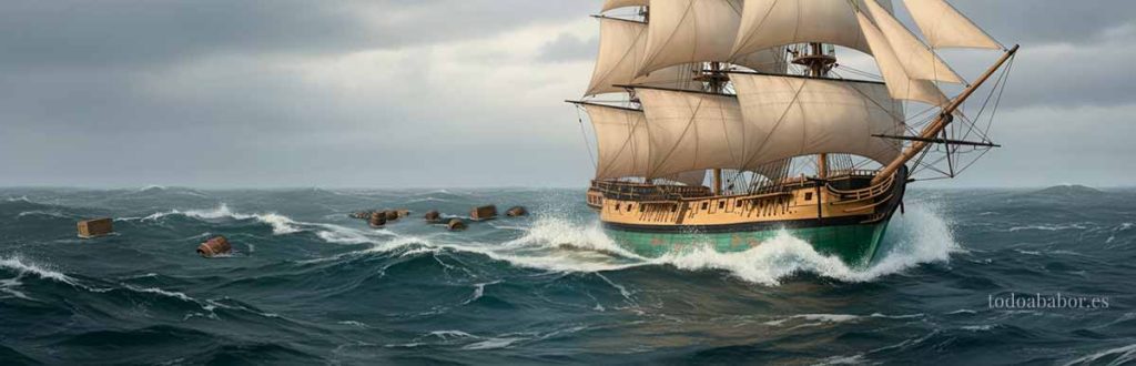 La HMS Meleager tirándolo todo por la borda. Ilustración de Todo a babor.