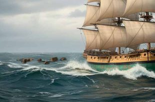 La HMS Meleager tirándolo todo por la borda. Ilustración de Todo a babor.