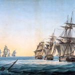 "El Arrogant, Intrepid y Virginie persiguiendo al escuadrón francés y español frente a las costas de China, 27 de enero de 1799"