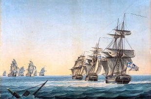 "El Arrogant, Intrepid y Virginie persiguiendo al escuadrón francés y español frente a las costas de China, 27 de enero de 1799"