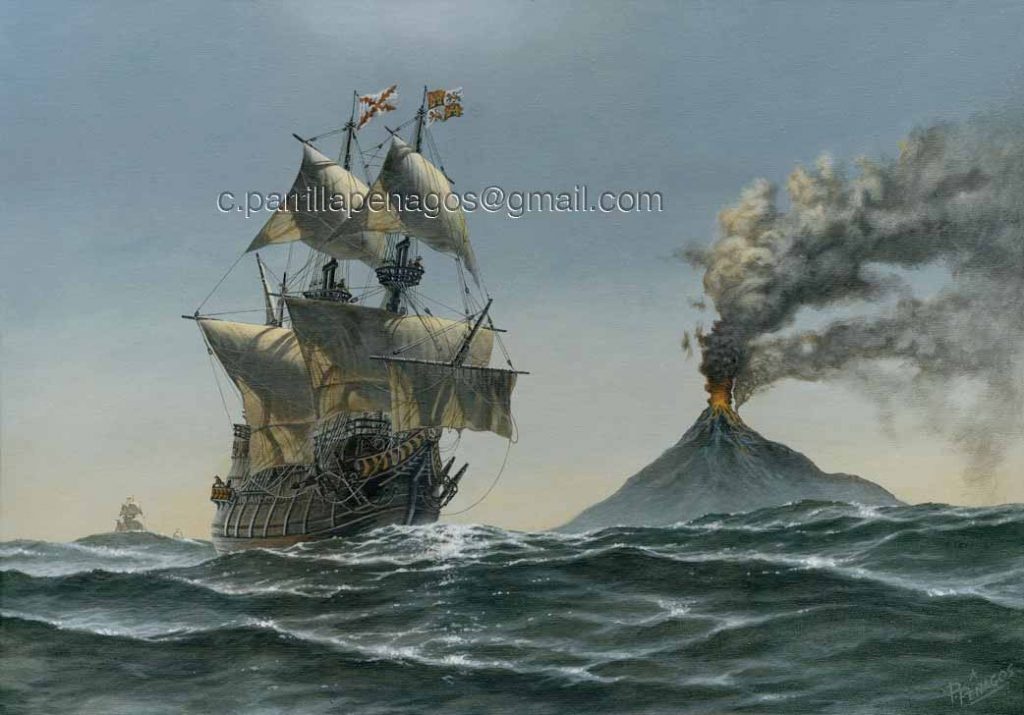 Pintura sobre el descubrimiento de las Islas Santa Cruz. el Galeón “San Gerónimo” visto por su amura de estribor navega cerca del volcán Tinakula seguido de los otros barcos.