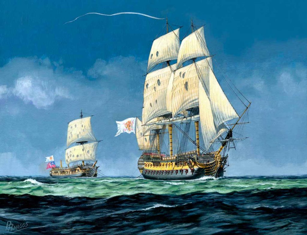 "Jorrando una presa", pintura de Carlos Parrilla. Representa a un navío de 74 cañones español remolcando a una fragata británica apresada. Similar episodio se dio en la gran captura del convoy británico en el que el navío "Ángel de la Guardia" de esta entrada participó.